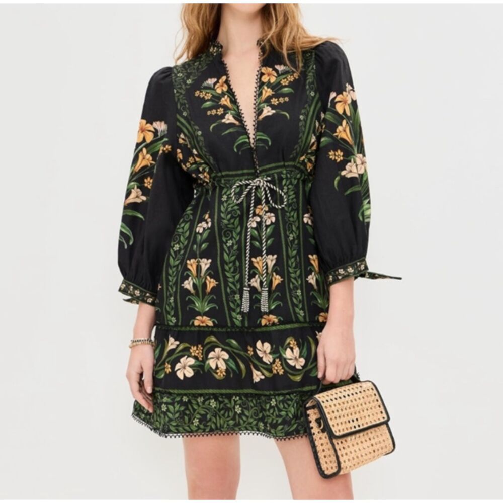 NWT, Farm Rio Black Flowers Arch Lenzing Ecovero Euroflax Mini Dress, Small